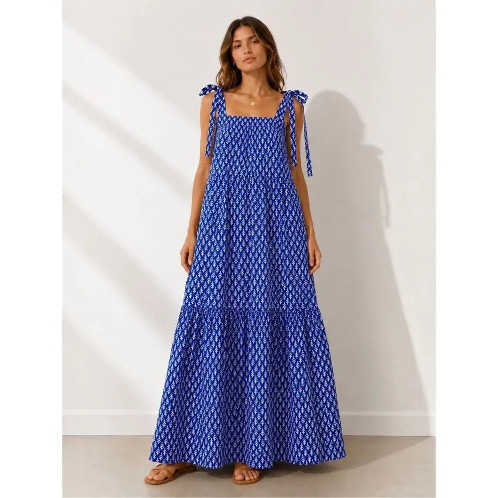 SZ Blockprints Tie Shoulder Artisan Cotton Maxi Dress M Coastal Resort Boho Chic